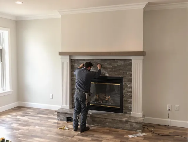 Country Club Chimney Sweep finishing a custom fireplace install in Country Club, FL
